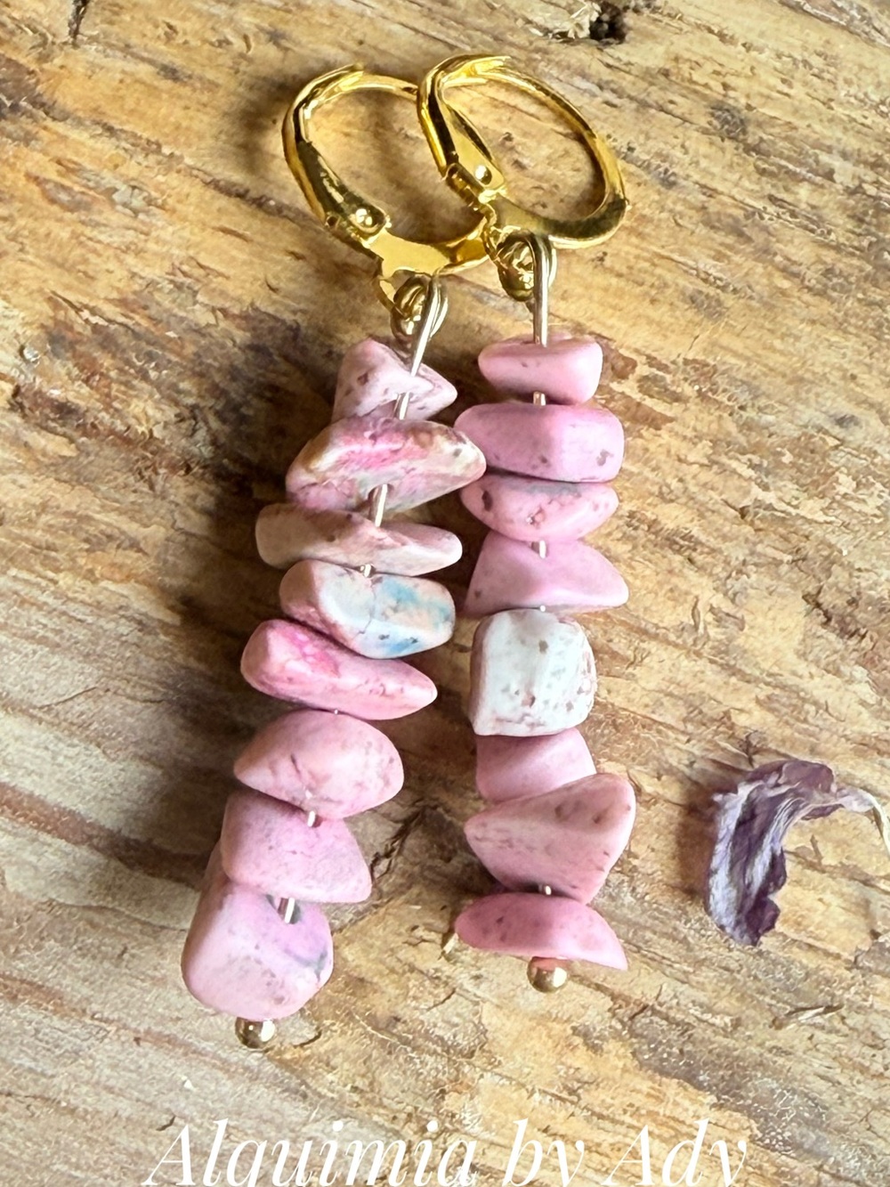 Pink Chip Stone Dangle Earrings with Gold Hoops